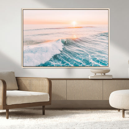 34064591-MGV-FC-36X24_Natural-Surfing Wall Art – Sunset Ocean Wave Canvas Print, Surfer Riding Sea Photography Decor for Bedroom, Living Room, Office, Coastal