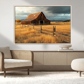 16480179-MGV-CV-36X24-Farmhouse Wall Art – Rustic Barn and Golden Field Canvas Print, Country Landscape Photography Decor for Bedroom, Living Room,