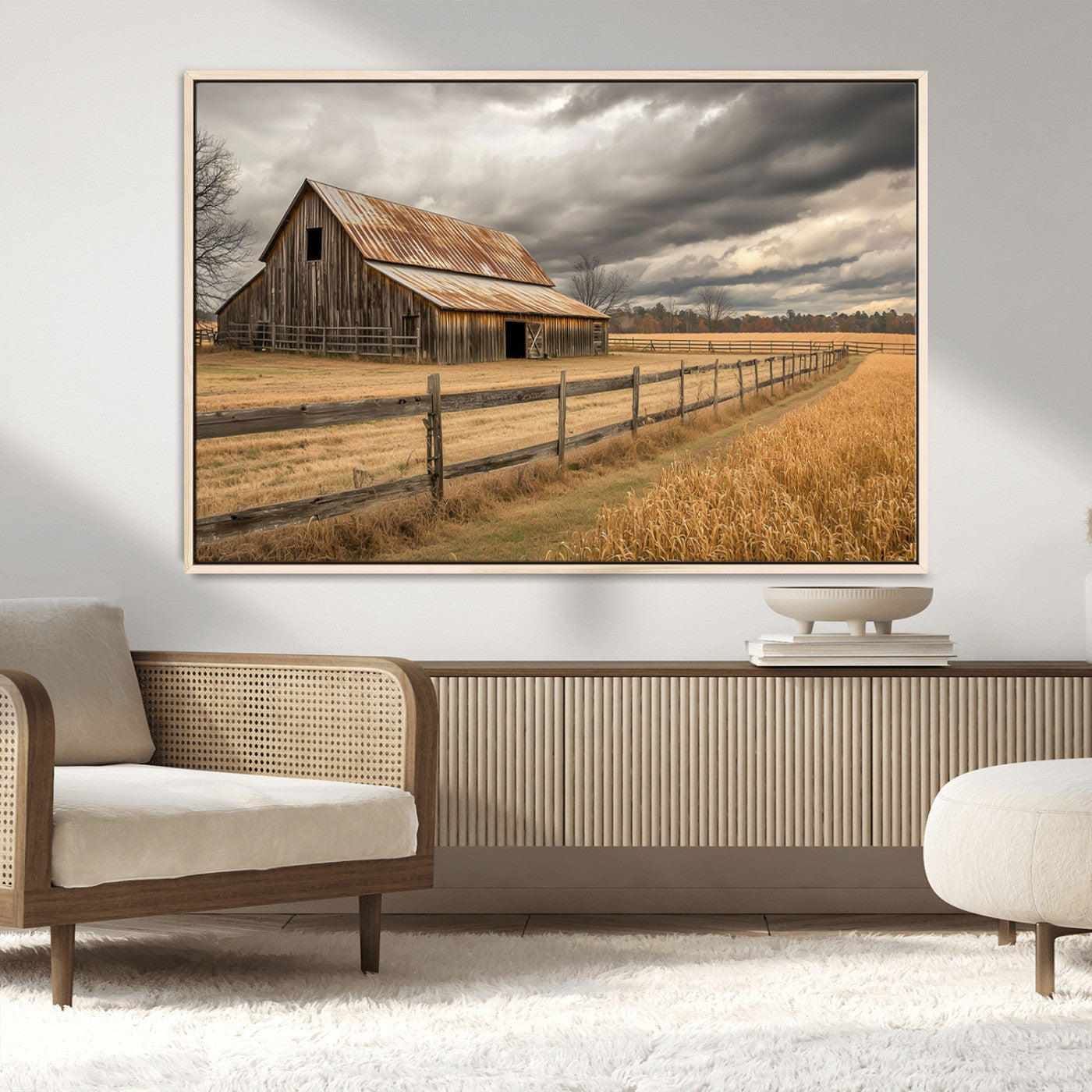 21991117-MGV-FC-36X24_Natural-Rustic Barn Wall Art – Weathered Farmhouse Canvas Print, Stormy Sky and Golden Field Photography Decor for Bedroom, Living Room,