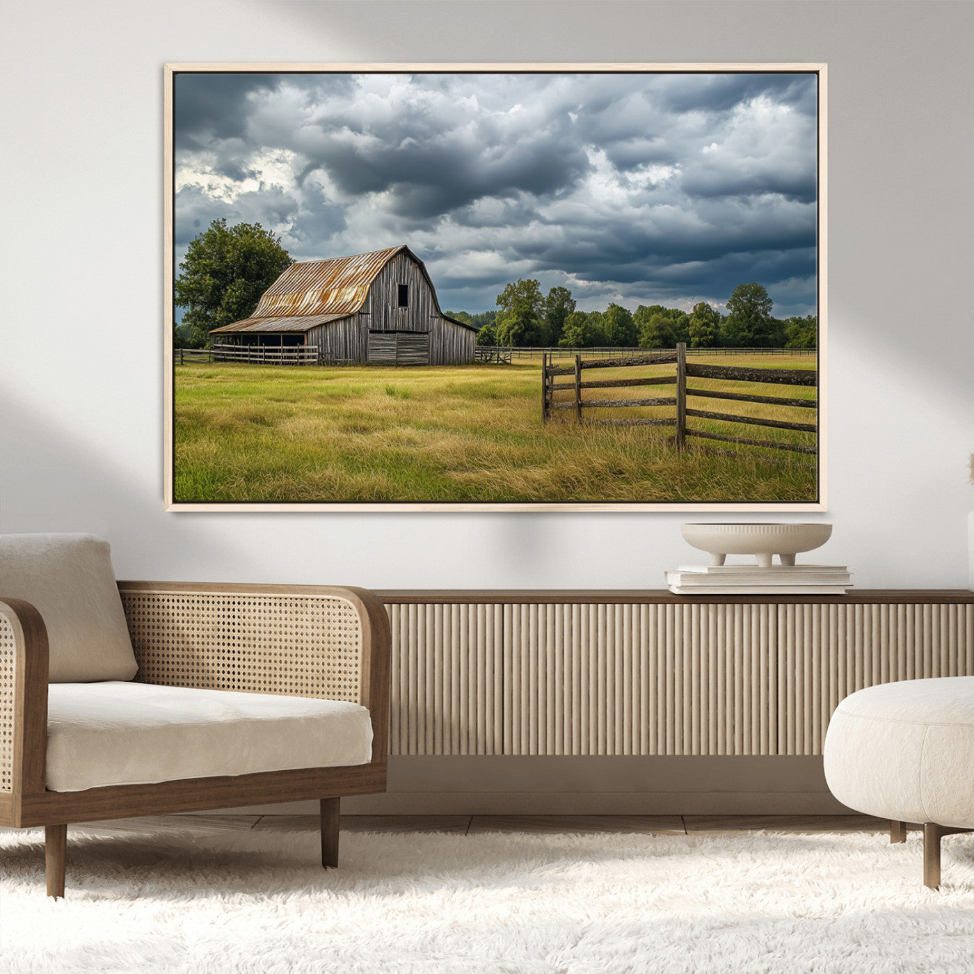 39409517-MGV-FC-36X24_Natural-Rustic Barn Wall Art – Weathered Farmhouse and Storm Clouds Canvas Print, Country Landscape Photography Decor for Bedroom, Living