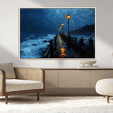 48300530-MGV-CV-36X24-Dark Stormy Pier Canvas Wall Art – Moody Ocean Night Scene with Street Lamps, Blue Coastal Seascape Print for Bedroom, Office, or