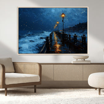 48300530-MGV-CV-36X24-Night Pier Wall Art – Moody Ocean Boardwalk Canvas Print, Impressionist Coastal Seascape Painting Decor for Living Room, Office,