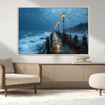 93793246-MGV-CV-36X24-Stormy Night Pier Canvas Wall Art – Moody Ocean Landscape with Lights, Blue Coastal Seascape Print for Bedroom, Living Room,