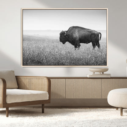 90861202-MGV-CV-36X24-Black and White Bison Canvas Wall Art – Rustic American Buffalo Print, Western Wildlife Photography for Farmhouse, Cabin, Office