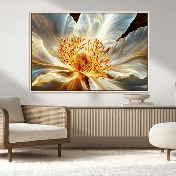 20862576-MGV-CV-36X24-Golden Abstract Flower Canvas Wall Art – Modern Botanical Bloom Print, Elegant Floral Artwork for Living Room, Bedroom, Office