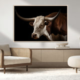 27414857-MGV-CV-36X24-Texas Longhorn Bull Canvas Wall Art – Rustic Western Farmhouse Decor, Brown & White Cow Portrait, Animal Print for Ranch Home
