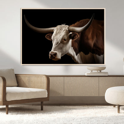 27414857-MGV-FC-36X24_Natural-Longhorn Bull Wall Art – Dramatic Western Steer Portrait Canvas Print, Rustic Farmhouse Animal Decor for Living Room, Office, or