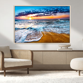 24077769-MGV-CV-36X24-Sunset Beach Wall Art – Ocean Waves Canvas Print, Golden Shoreline Photography Coastal Decor for Living Room, Bedroom, Office,