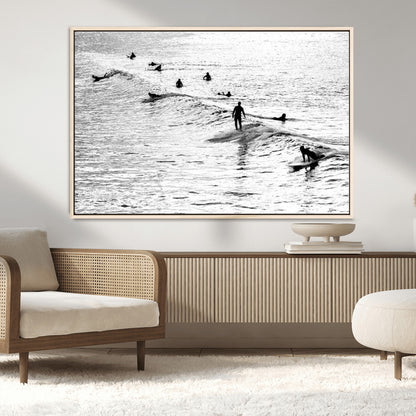 68018616-MGV-CV-36X24-Black and White Surf Photography Print – Minimalist Ocean Wall Art, Surfers Riding Waves, Coastal Beach Decor for Modern Home or