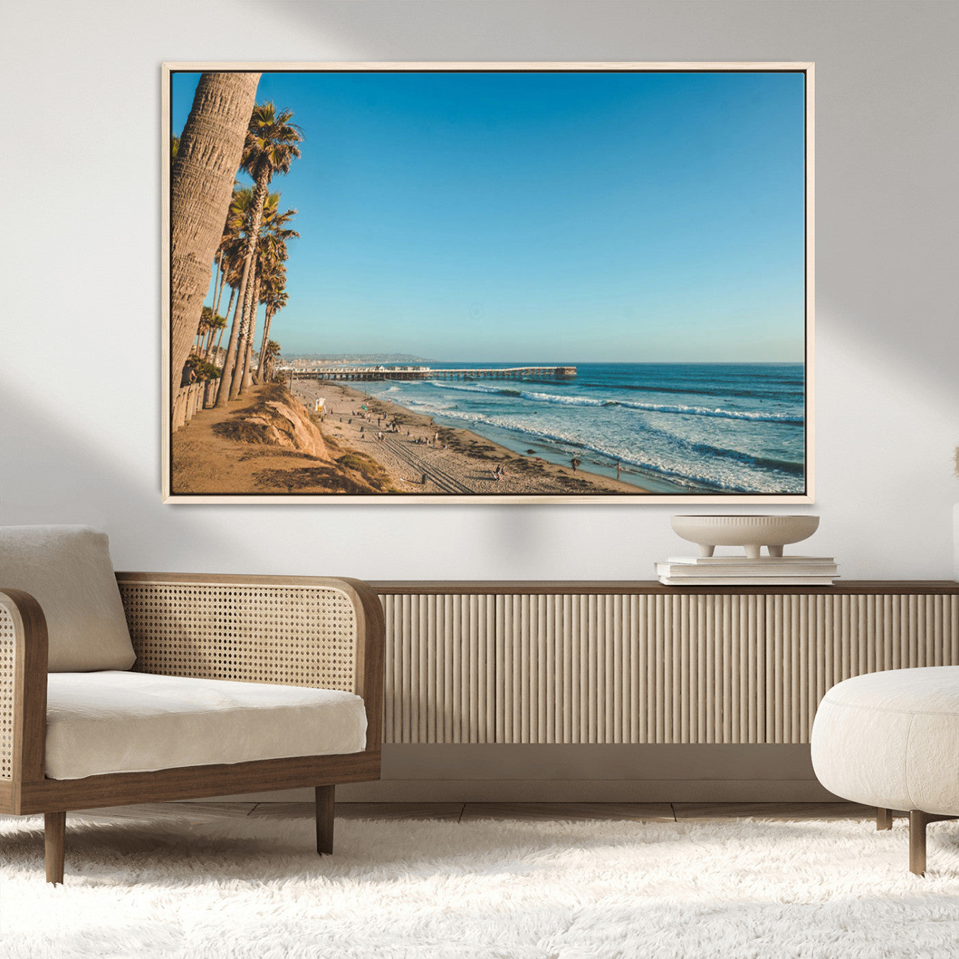92568259-MGV-FC-36X24_Natural-California Beach Wall Art – Palm Tree Pier Canvas Print, Coastal Ocean Photography Seaside Decor for Living Room, Bedroom, Office,