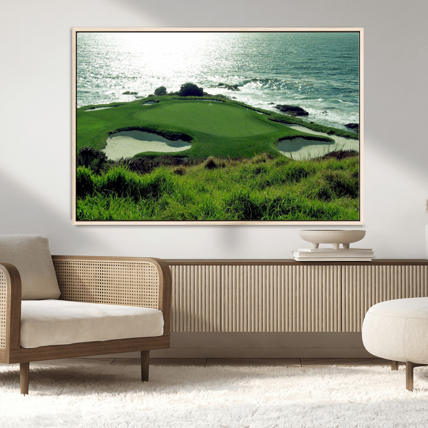 48473947-MGV-CV-36X24-Ocean Golf Course Wall Art – Panoramic Green Fairway Canvas Print, Coastal Golf Landscape Photography Sports Decor for Office, Man