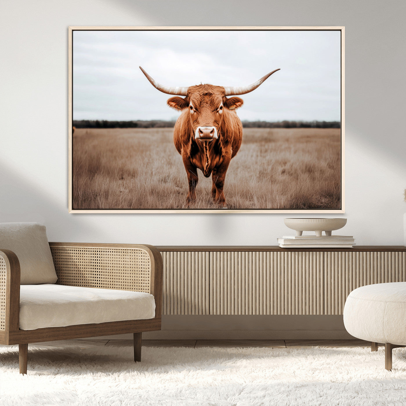 16316734-MGV-CV-36X24-Texas Longhorn Wall Art – Rustic Bull Portrait Canvas Print, Western Farmhouse Animal Photography Decor for Living Room, Office,
