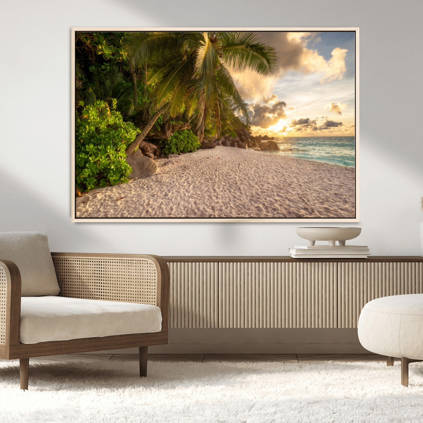 89531159-MGV-CV-36X24-Tropical Beach Sunset Canvas Wall Art – Palm Trees Golden Sand Ocean Waves Coastal Paradise Print for Beach House Bedroom Bathroom