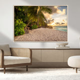 89531159-MGV-CV-36X24-Tropical Beach Sunset Canvas Wall Art – Palm Trees Golden Sand Ocean Waves Coastal Paradise Print for Beach House Bedroom Bathroom