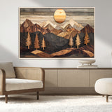 90044381-MGV-CV-36X24-Rustic Wall Art – Wooden Mountain Landscape with Sun and Pine Trees, Handcrafted Nature Canvas Style Decor for Bedroom, Living