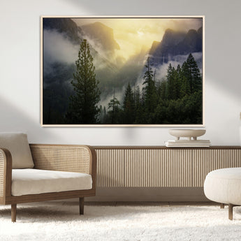 38316884-MGV-CV-36X24-Landscape Wall Art – Misty Mountain Valley Canvas Print, Scenic Pine Forest and Sunrise Photography Decor for Bedroom, Living