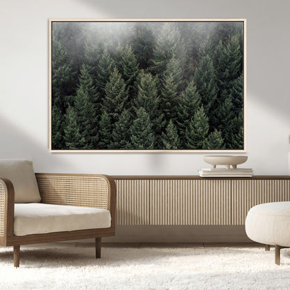 84059409-MGV-FC-36X24_Natural-Forest Wall Art – Misty Evergreen Trees Canvas Print, Tranquil Nature Photography Decor for Bedroom, Living Room, Office, Cabin or