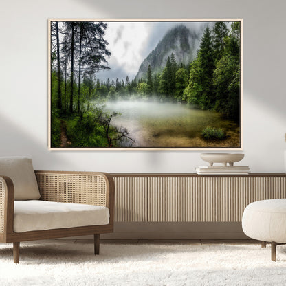 93123937-MGV-CV-36X24-Landscape Wall Art – Misty Mountain Lake Canvas Print, Tranquil Forest and Waterfall Photography Decor for Bedroom, Living Room,