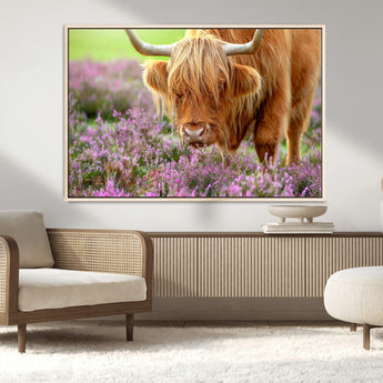 64069351-MGV-CV-36X24-Farmhouse Wall Art – Highland Cow in Wildflowers Canvas Print, Rustic Country Cattle Photography Decor for Bedroom, Living Room,