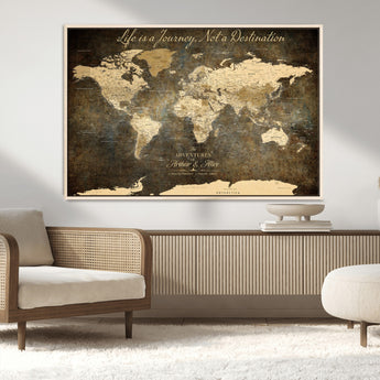 13394308-MGV-CV-36X24-Personalized World Map Wall Art – Dark Rustic Vintage Adventure Travel Map with Custom Couple Names, Timeless Wall Decor for Home