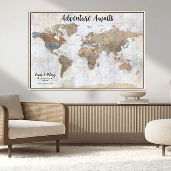 30792405-MGV-CV-36X24-Personalized World Map Wall Art – Rustic Beige Adventure Travel Map with Custom Couple Names, Vintage Wall Decor for Home or