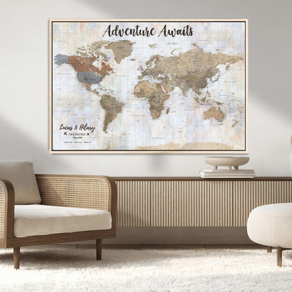 30792405-MGV-CV-36X24-Personalized World Map Wall Art – Rustic Beige Adventure Travel Map with Custom Couple Names, Vintage Wall Decor for Home or