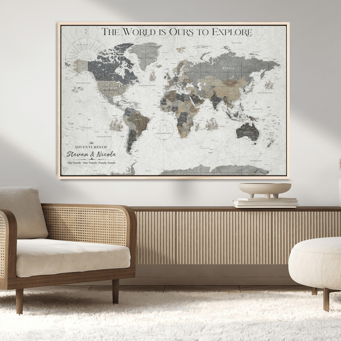 97082026-MGV-CV-36X24-Personalized World Map Wall Art – Vintage Gray Adventure Travel Map with Custom Couple or Family Names, Rustic Wall Decor for Home