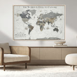 97082026-MGV-CV-36X24-Personalized World Map Wall Art – Vintage Gray Adventure Travel Map with Custom Couple or Family Names, Rustic Wall Decor for Home