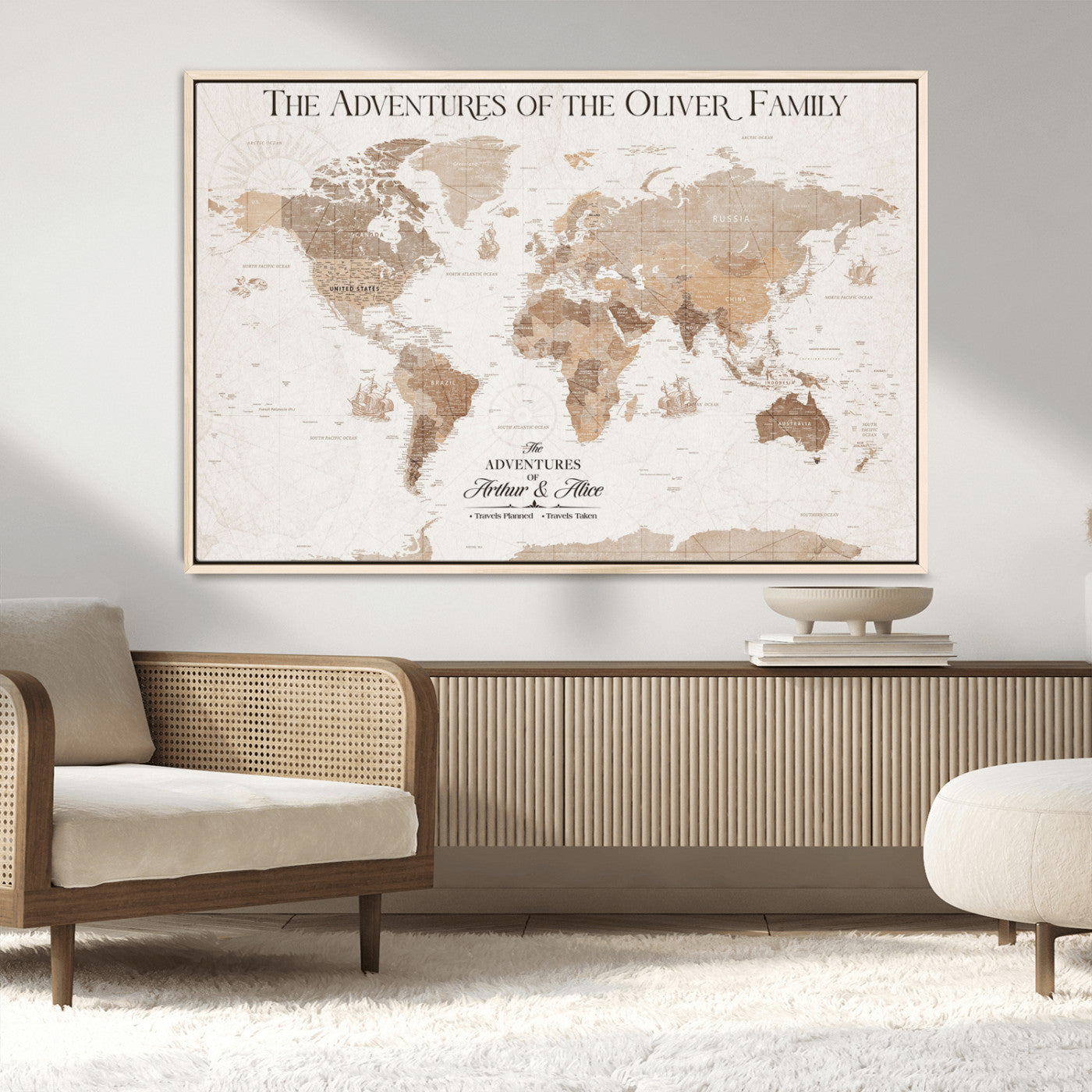 43869621-MGV-CV-36X24-Personalized World Map Wall Art – Light Beige Sepia Adventure Travel Map with Custom Family or Couple Names, Rustic Wall Decor for