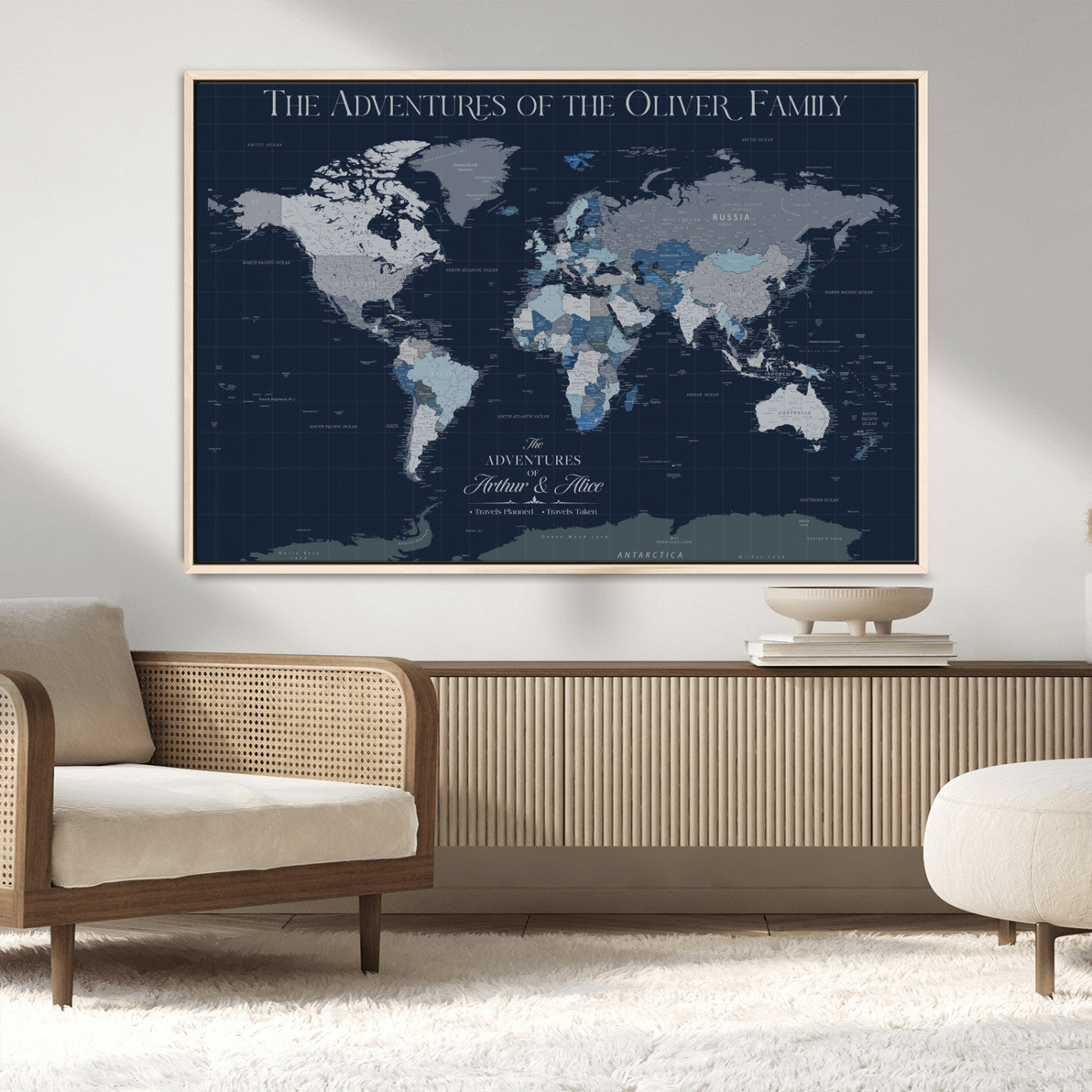 76726424-MGV-FC-36X24_Natural-Personalized World Map Wall Art – Navy Blue & Grey Adventure Travel Map with Custom Family or Couple Names, Modern Wall Decor for