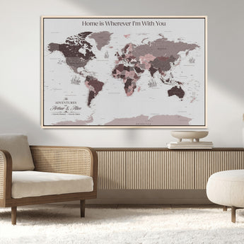 33204797-MGV-FC-36X24_Natural-Personalized World Map Wall Art – Burgundy & Grey Adventure Travel Map with Custom Names, Romantic Wall Decor for Couples, Home or