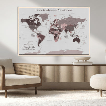 33204797-MGV-FC-36X24_Natural-Personalized World Map Wall Art – Burgundy & Grey Adventure Travel Map with Custom Names, Romantic Wall Decor for Couples, Home or