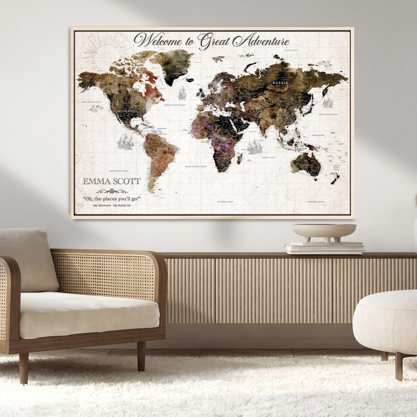 33631532-MGV-CV-36X24-Personalized World Map Wall Art – Dark Vintage Adventure Travel Map with Custom Names, Rustic Wall Decor for Couples, Home or