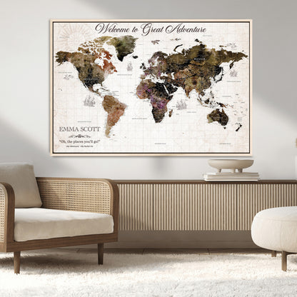 33631532-MGV-CV-36X24-Personalized World Map Wall Art – Dark Vintage Adventure Travel Map with Custom Names, Rustic Wall Decor for Couples, Home or