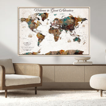 67029173-MGV-CV-36X24-Personalized World Map Wall Art – Colorful Vintage Adventure Travel Map with Custom Couple Names, Rustic Wall Decor for Home,