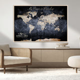 85403043-MGV-CV-36X24-Personalized World Map Wall Art – Dark Blue Rustic Adventure Map with Custom Couple Names, Vintage Wall Decor for Home or Travel