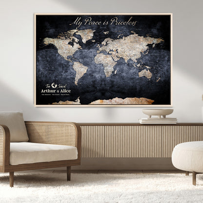 85403043-MGV-CV-36X24-Personalized World Map Wall Art – Dark Blue Rustic Adventure Map with Custom Couple Names, Vintage Wall Decor for Home or Travel