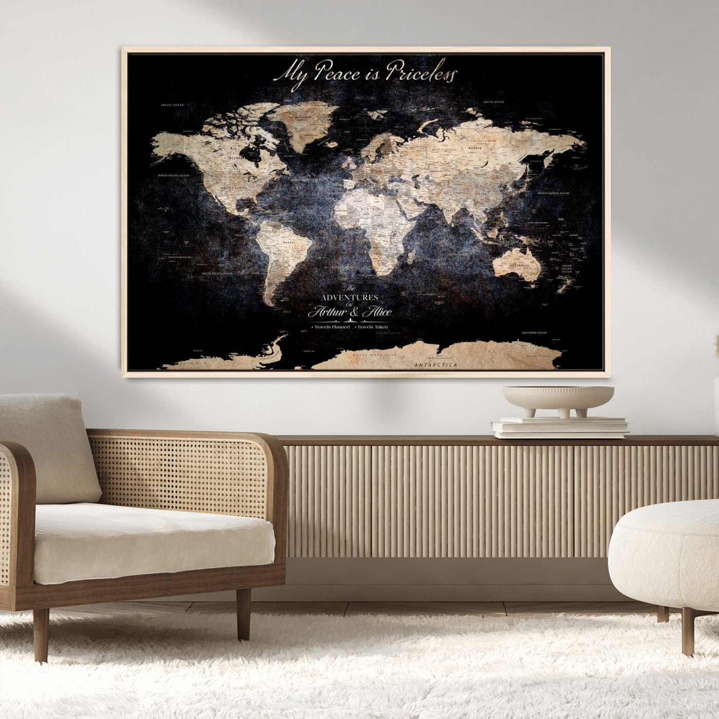 51488142-MGV-FC-36X24_Natural-Personalized World Map Wall Art – Dark Rustic Adventure Travel Map with Custom Names, Vintage Wall Decor for Couples, Families or