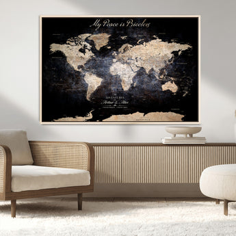 51488142-MGV-FC-36X24_Natural-Personalized World Map Wall Art – Dark Rustic Adventure Travel Map with Custom Names, Vintage Wall Decor for Couples, Families or