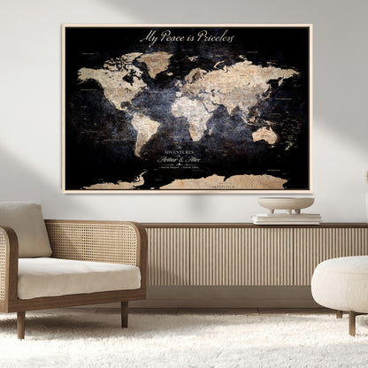 51488142-MGV-FC-36X24_Natural-Personalized World Map Wall Art – Dark Rustic Adventure Travel Map with Custom Names, Vintage Wall Decor for Couples, Families or