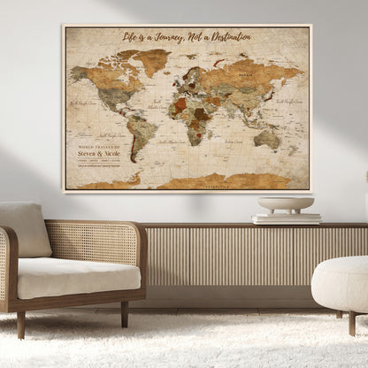 75179116-MGV-FC-36X24_Natural-Personalized World Map Wall Art – Rustic Vintage Travel Map with Custom Names, Inspirational Adventure Décor for Couples, Families