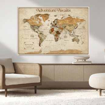 18685073-MGV-CV-36X24-Personalized World Map Wall Art – Antique Vintage Parchment Adventure Awaits Travel Map with Custom Couple Names, Rustic Wall
