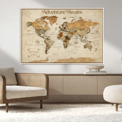 18685073-MGV-CV-36X24-Personalized World Map Wall Art – Antique Vintage Parchment Adventure Awaits Travel Map with Custom Couple Names, Rustic Wall