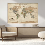 62766900-MGV-FC-36X24_Natural-Personalized World Map Wall Art – Antique Parchment Adventure Travel Map with Custom Couple Names, Rustic Wall Decor for Home,