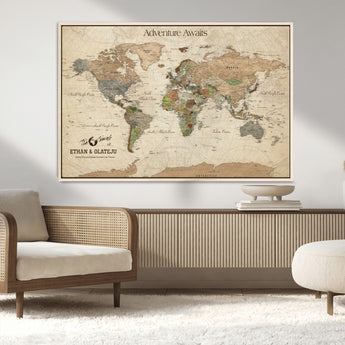 62766900-MGV-FC-36X24_Natural-Personalized World Map Wall Art – Antique Parchment Adventure Travel Map with Custom Couple Names, Rustic Wall Decor for Home,