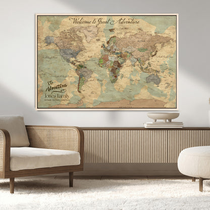 32019746-MGV-FC-36X24_Natural-Personalized World Map Wall Art – Vintage Camo Adventure Travel Map with Custom Family Names, Rustic Wall Decor for Couples, Home