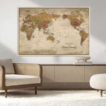 31874045-MGV-CV-36X24-Personalized World Map Wall Art – Vintage Earth Tone Adventure Map with Custom Family Names, Rustic Travel Decor for Home, Couples