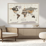40679469-MGV-CV-36X24-Personalized World Map Wall Art – Neutral Tones Adventure Travel Map with Custom Family Names, Rustic Wall Decor for Living Room