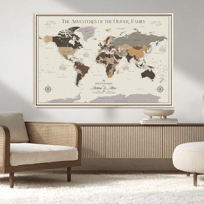 40679469-MGV-CV-36X24-Personalized World Map Wall Art – Neutral Tones Adventure Travel Map with Custom Family Names, Rustic Wall Decor for Living Room