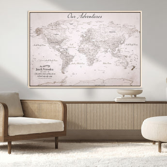 11706567-MGV-CV-36X24-Personalized World Map Wall Art – Minimalist Beige Adventure Travel Map with Custom Names, Elegant Push Pin Canvas for Couples,